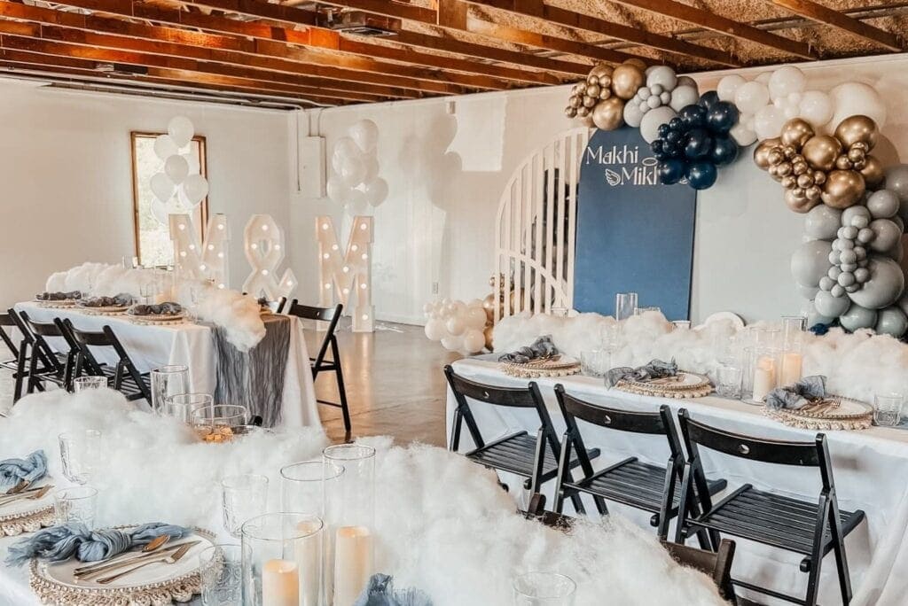 twin gender reveal setup at a Boho Chic Space