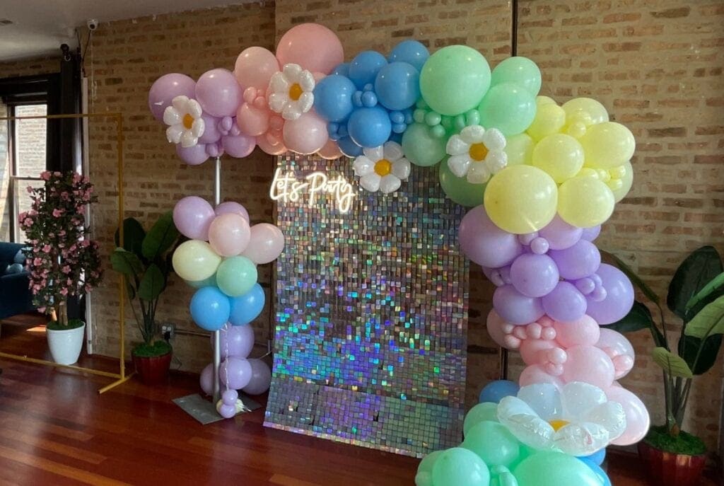 party photo backdrop at an Indoor Multipurpose Event Space