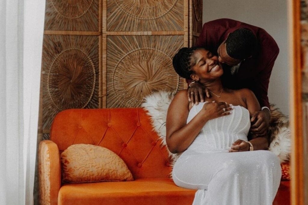 couple embracing at their engagement shoot