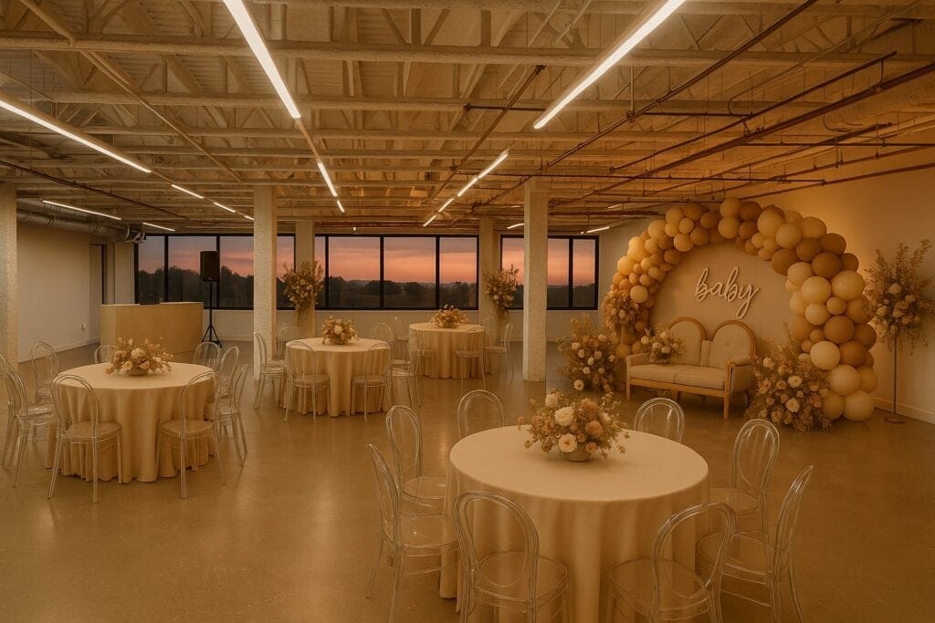 a beige-themed gender reveal in an open event studio