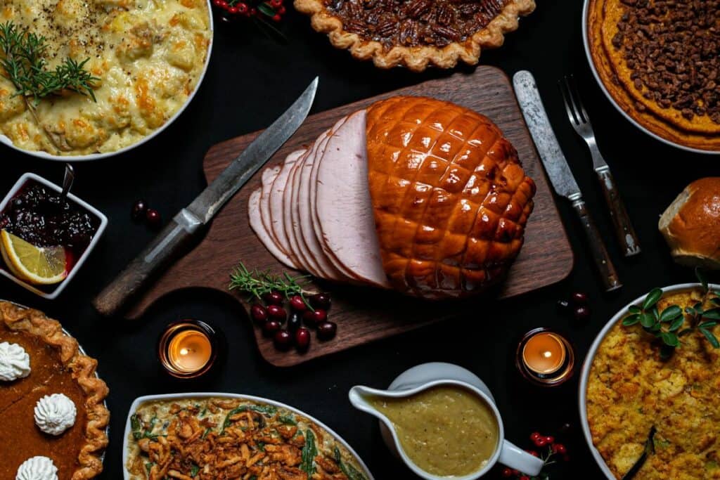 table filled with thanksgiving foods