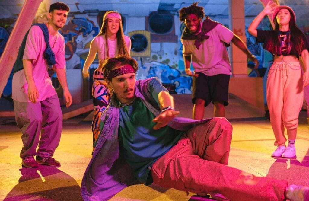 people dancing at a y2k themed party