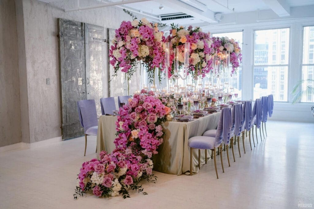 Glamorous dinner party set up in NYC loft space