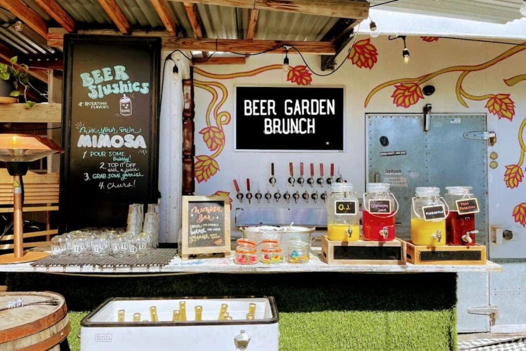 A beachside bar is set up for a San Diego gathering